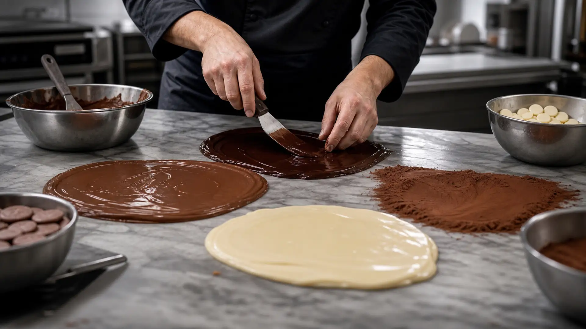 Cioccolato in pasticceria: fondente, al latte, bianco e cacao — fotografia editoriale DOL MAG
