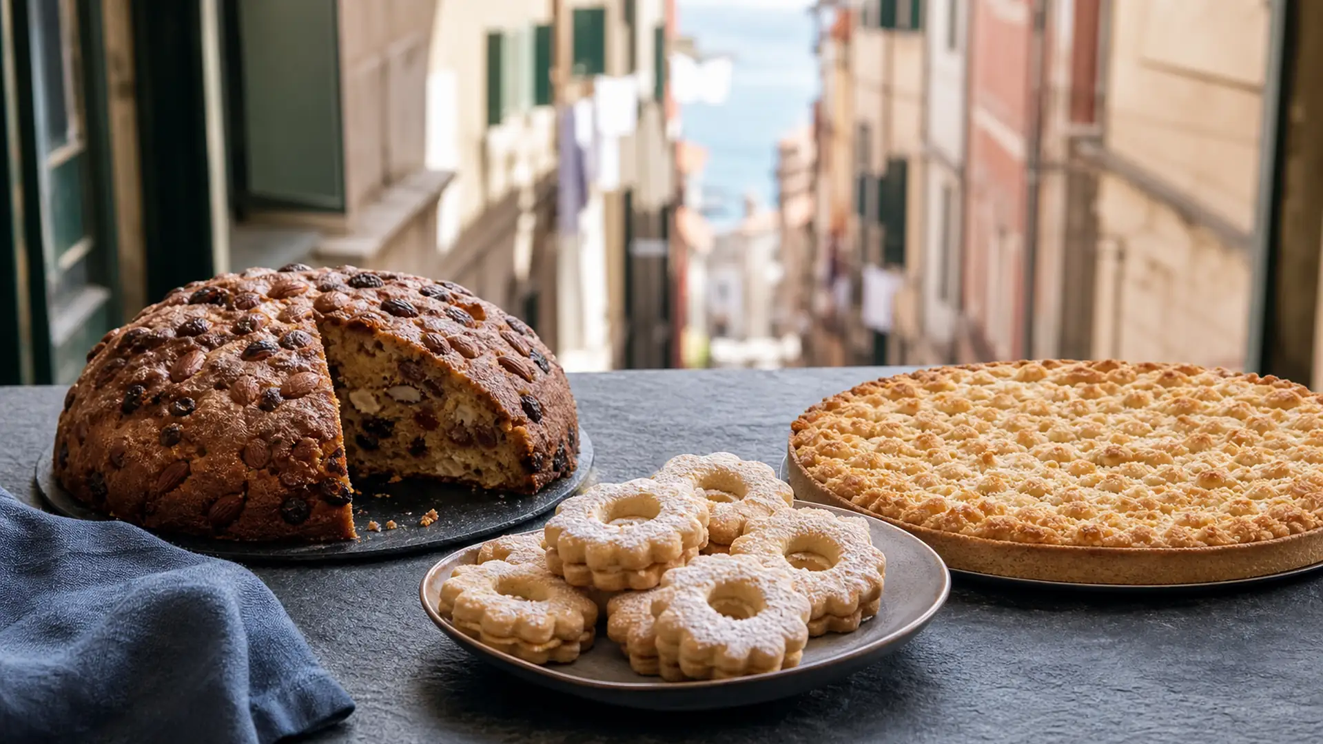 Dolci tipici di Genova e Liguria: pandolce, canestrelli e sacripantina — fotografia editoriale DOL MAG